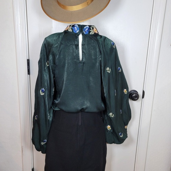 Free People Jessica Green Embroidered Boho Blouse Large Holiday Cottagecore Fall - Picture 7 of 8